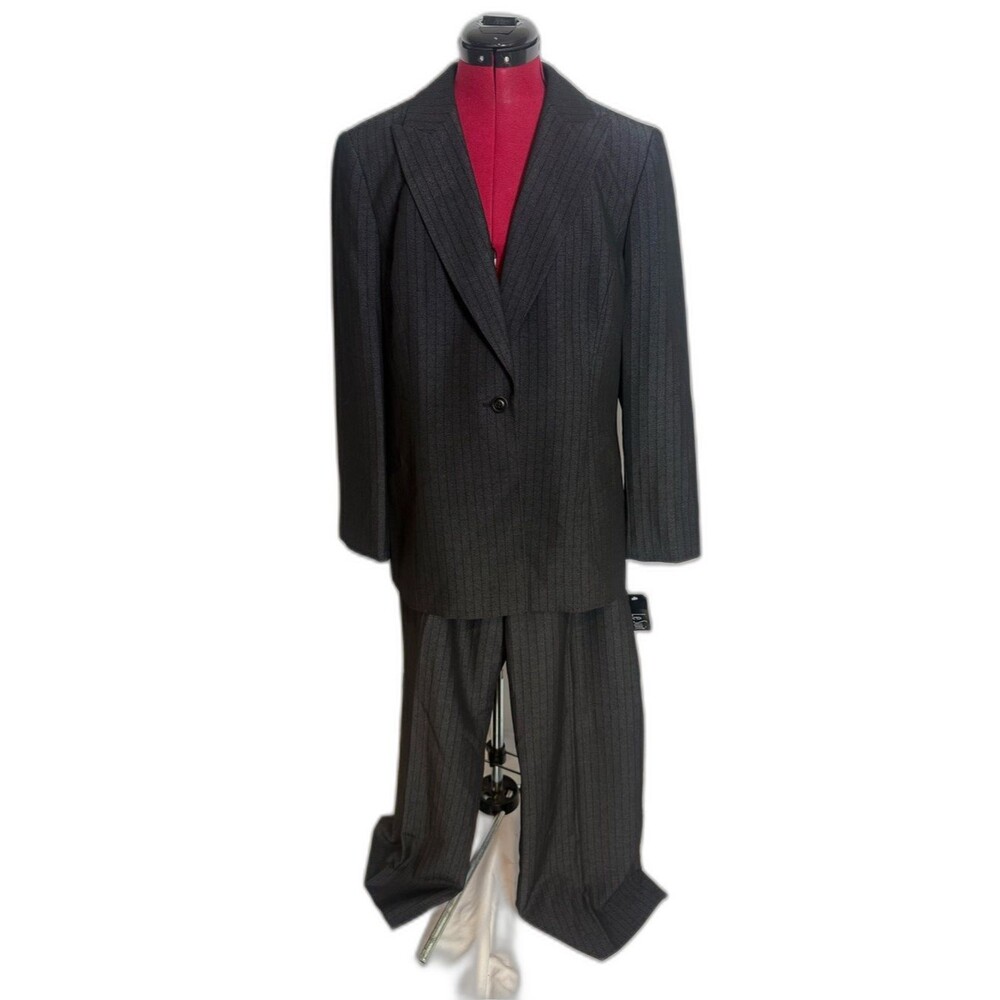 NWT Le Suit Pantsuit Size 14P Black & Grey Stripe 2-Piece Set Blazer & Pants